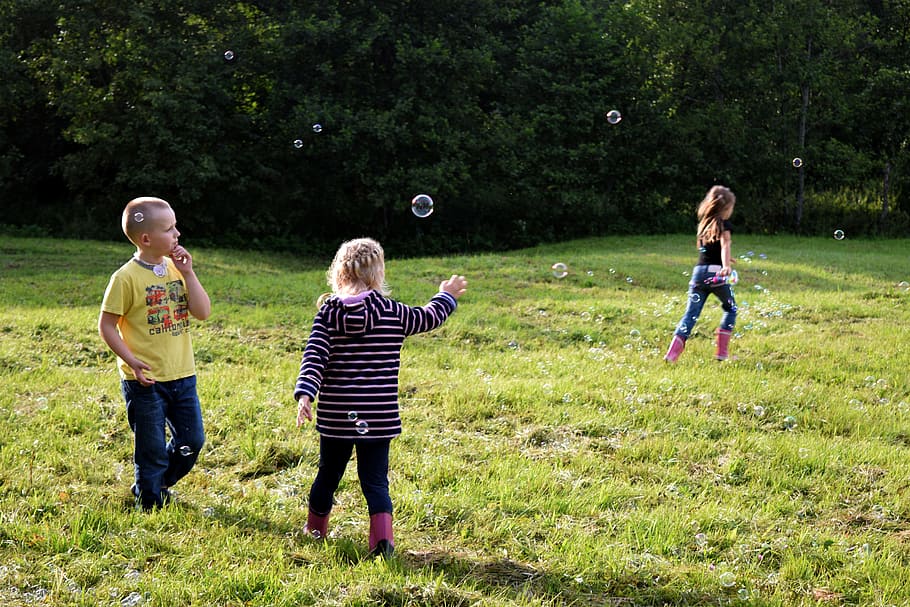 children, playing, bubbles, lawn field, soap bubbles, kids, childhood, boy, girl, argument