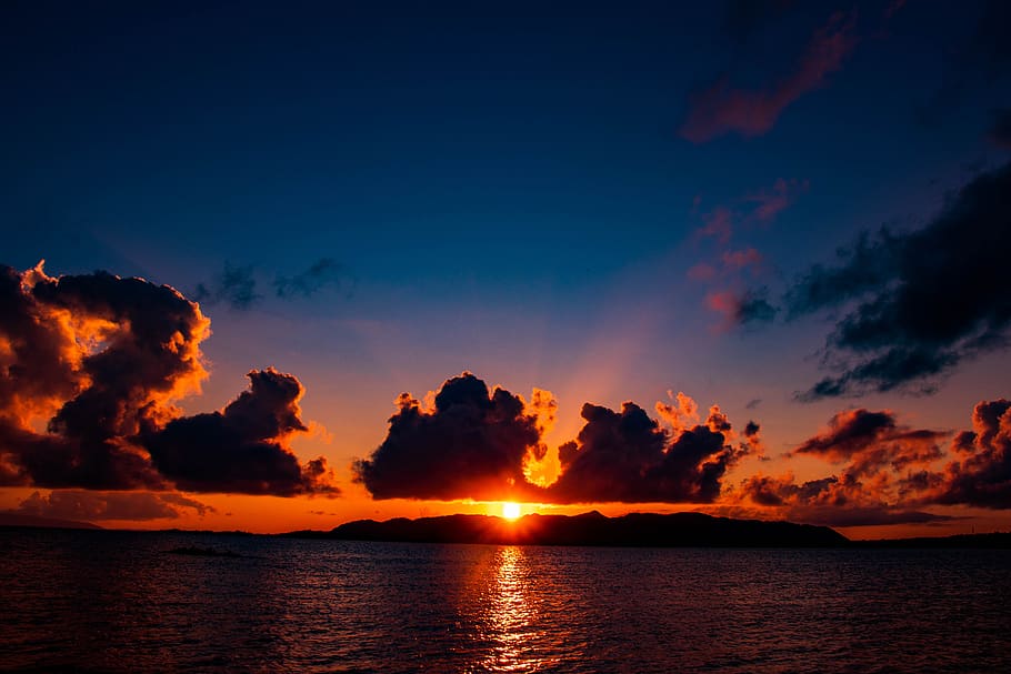 mar, puesta de sol, japón, cielo, al atardecer, sol, romántico, natural, paisaje, nube