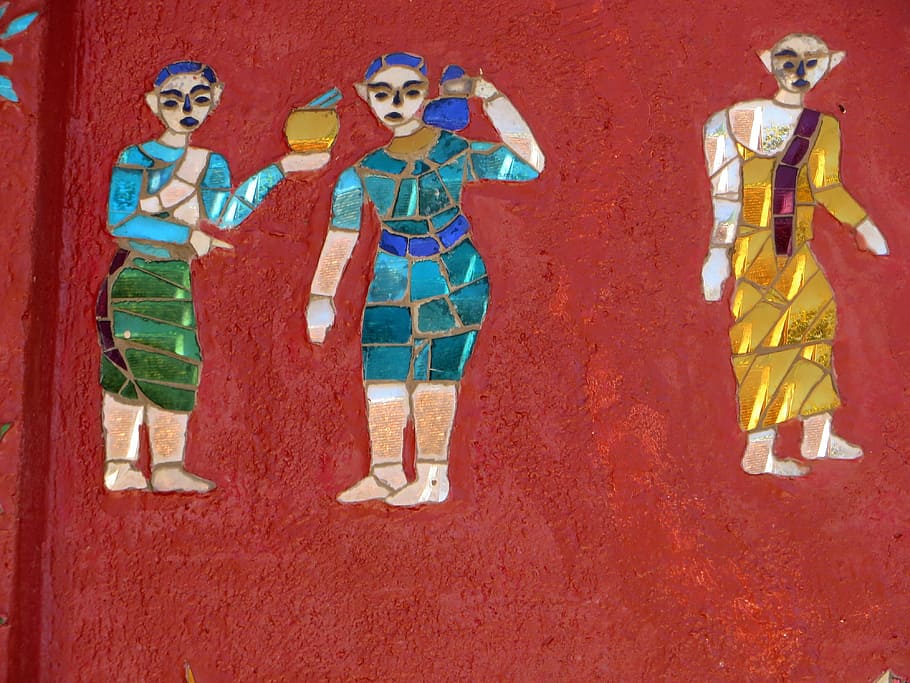 laos, luang prabang, vat sen soukharam, mosaic, mural, characters, stories, temple, women, male likeness