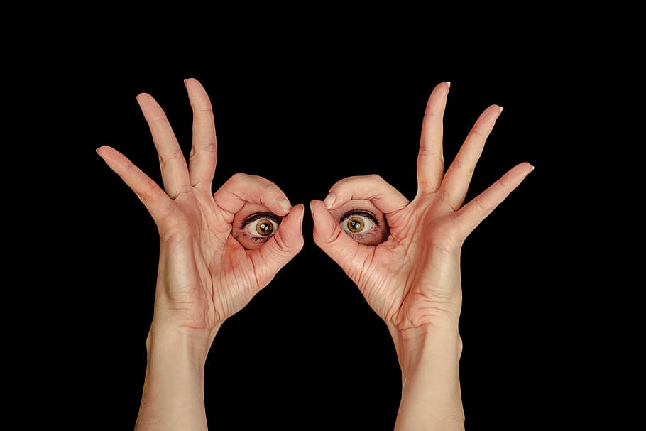 eye handsign art, negro, fondo, vista, ojos, mirando, mujer, marco, mano, dedo