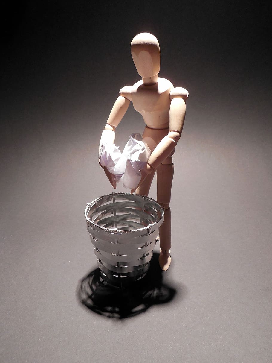 Recycle Bin, Paper, Garbage, Remove, delete, throw away, waste, recycling, figure, wood doll