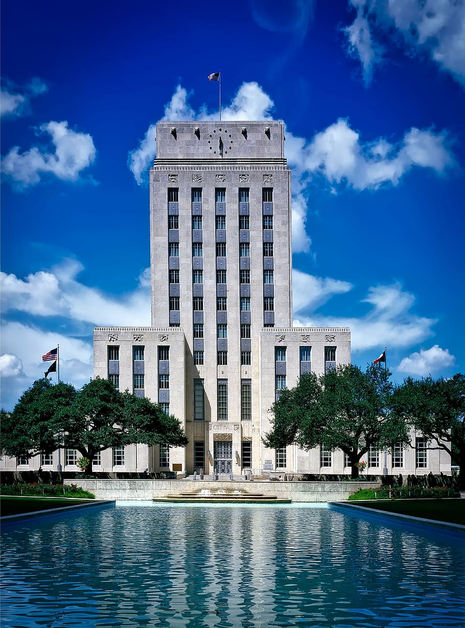 houston, texas, city hall, urban, government, landmark, historic, sky, clouds, pool