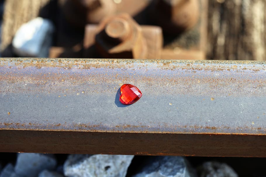 red, heart gemstone, gray, metal beam, red heart on railway, stop teenager suicide, stop children suicide, for all kids and teens, who left us to soon, school stress