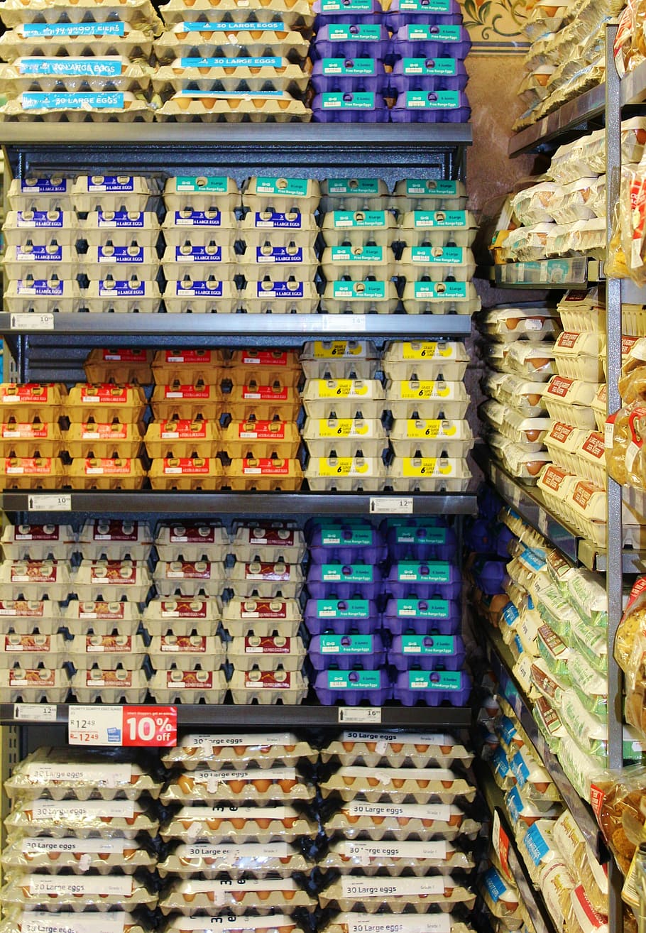 telur, papan telur, rak telur, berwarna-warni, rapi, ditumpuk, kulit telur, toko, pasar, eceran
