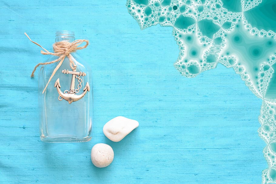clear glass bottle, summer, sea, foam, sea foam, fractal, anchor, bottle, wave, water