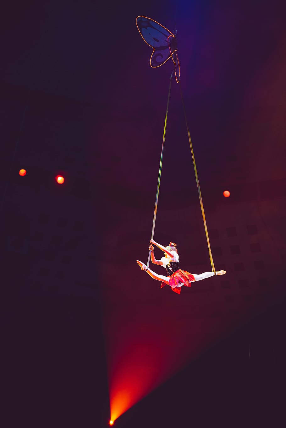 circus, light, acrobat, show, dark, performance, entertainment, girl, butterfly, young