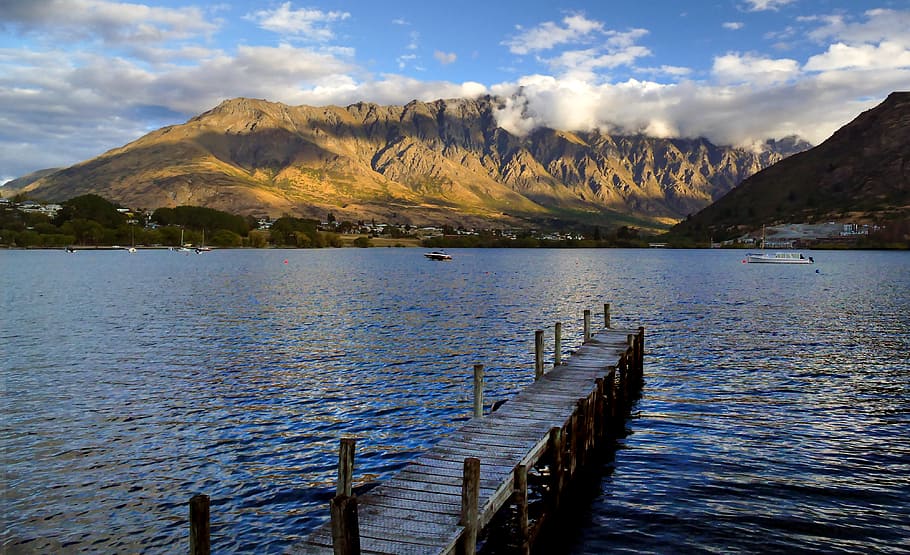 Mountains, Queenstown, NZ, wooden, dock, lake, mountain, daytime, water, scenics - nature