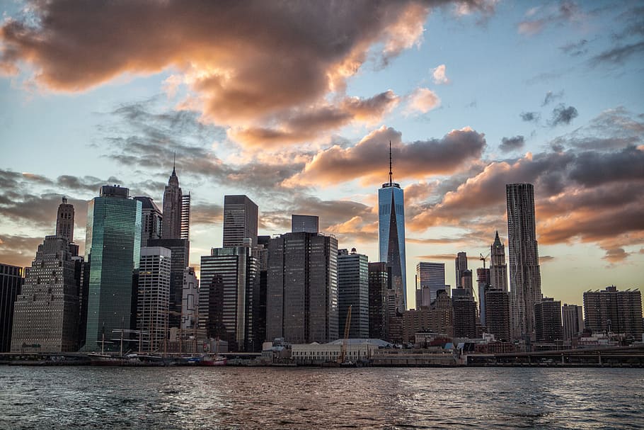 tembakan, diambil, fitur, lebih rendah, matahari terbenam, DUMBO, Brooklyn, Manhattan, Manhattan skyline, arsitektur