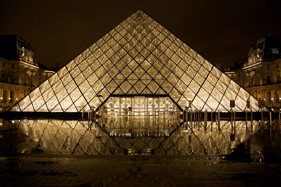 clear glass dome, louvre, glass pyramid, paris, pyramid, france, architecture, europe, museum, french
