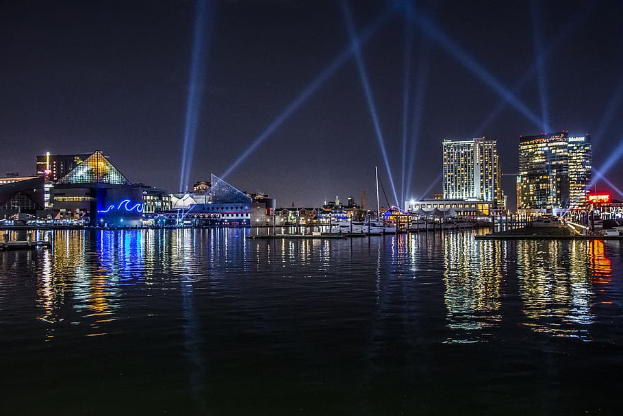 water, city, cityscape, waterfront, river, lightcity, baltimore, inner harbor, lights, display