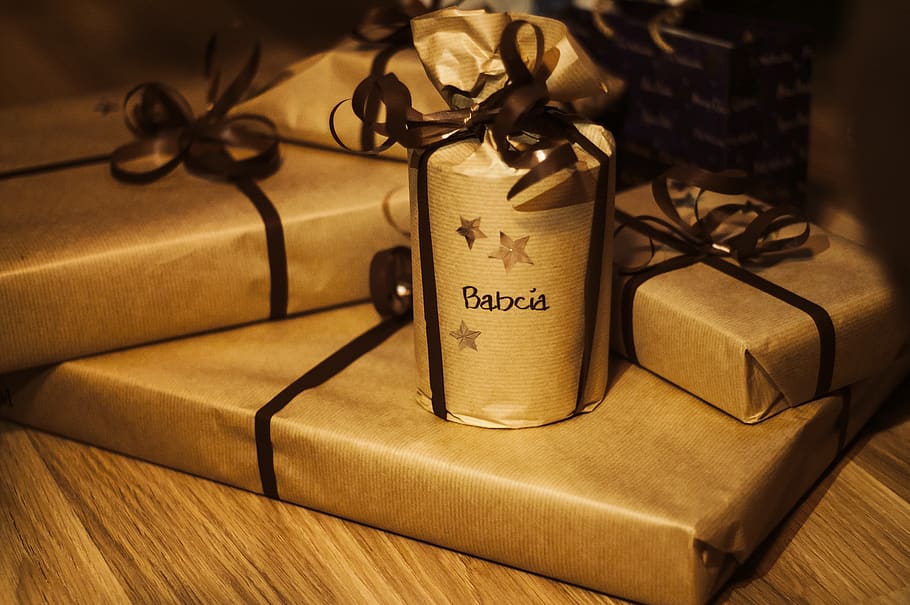 regalos, navidad, envoltura, cinta, arcos, oro, en el interior, texto, comunicación, regalo