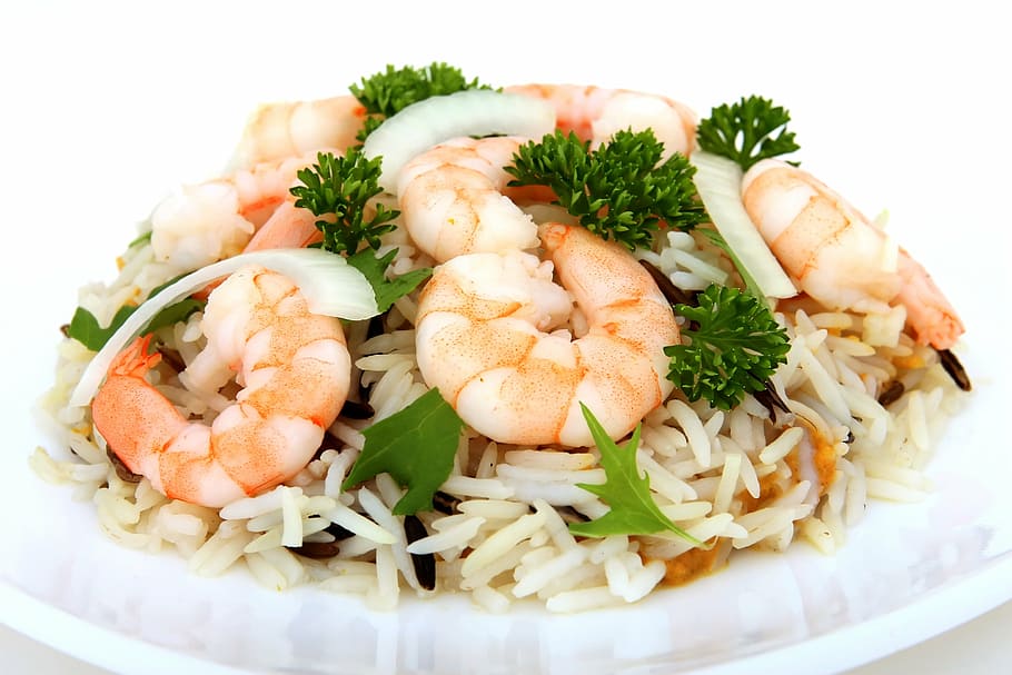 plate, cooked, white, rice, shrimps, asian, chinese, colorful, cook, cooking