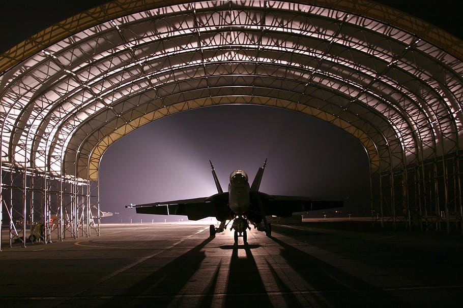 silhouette, jet, night time, hangar, aircraft, fighter, light, night, evening, base