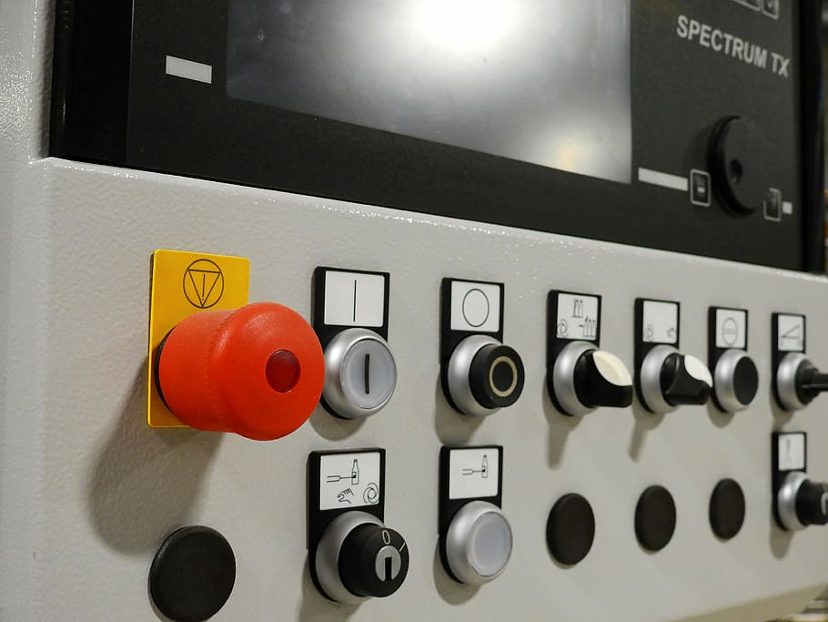 technology, anlagentechnik, plant, control, control desk, controller, switch, button, emergency stop switch, lamp