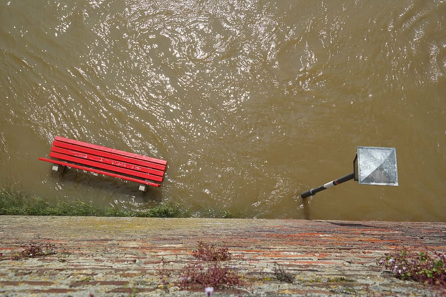 red, bench chair, drowned, water, high water, park bench, street lamp, flooding, bank, in the water