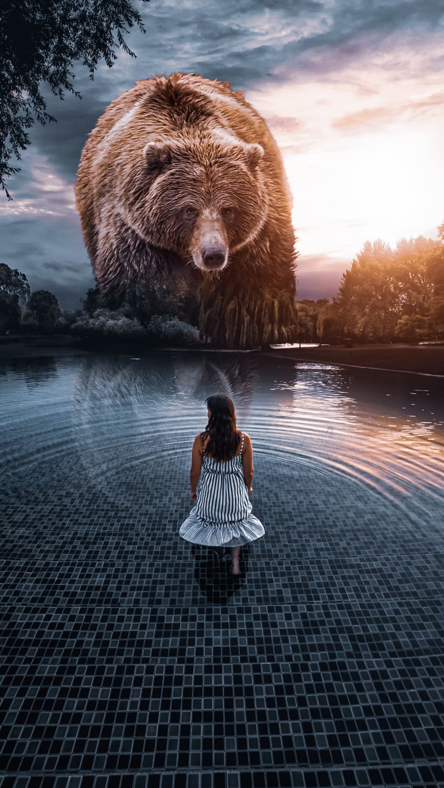 bear, girl, water, photoshop, light, picsart, sky, surreal, edit, full length
