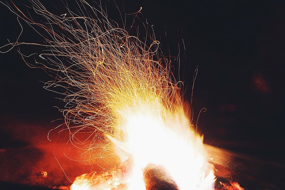 close-up photography, bonfire, nighttime, burned, wood, sparks, fire, flames, heat - temperature, flame