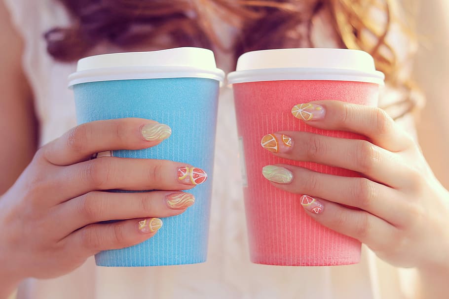 two, blue, pink, white, tumblers, women, coffee - Drink, cup, drinking, people