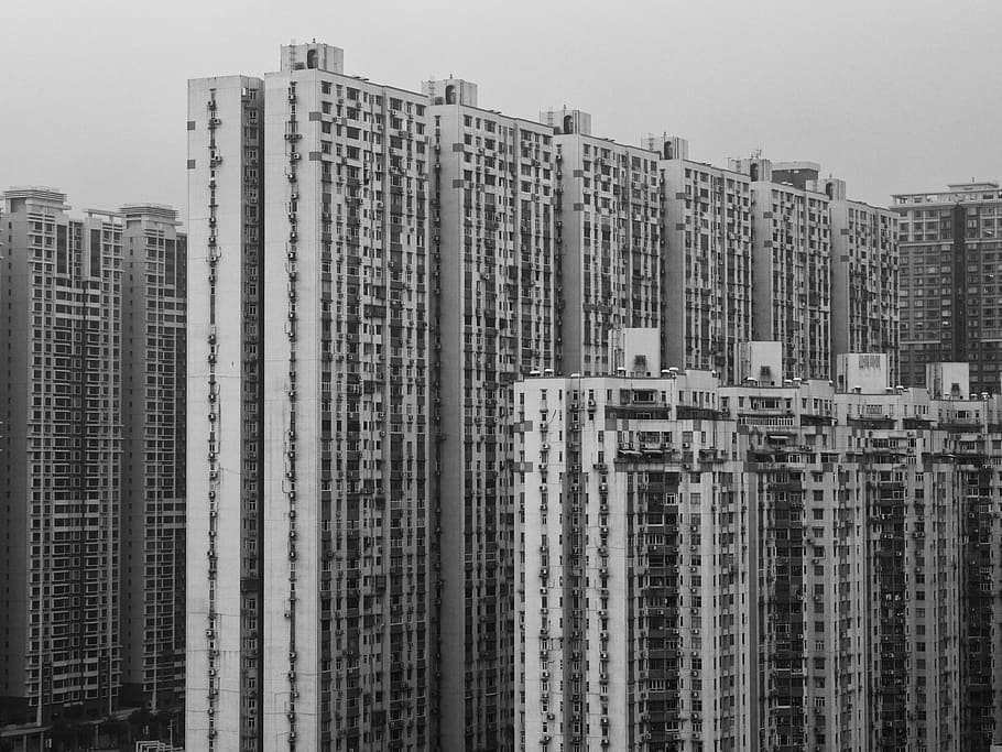 Fotografía en escala de grises, edificio de gran altura, condominio, rascacielos, apartamento, arquitectura, exterior del edificio, estructura construida, ciudad, edificio