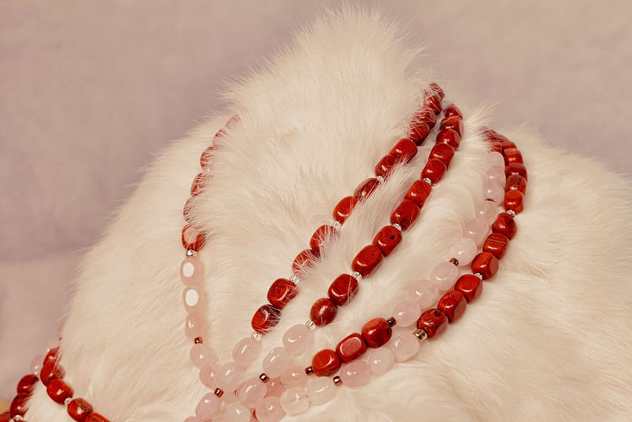 jewelry, beads, fashion, necklace, pattern, red, close-up, white color, indoors, animal
