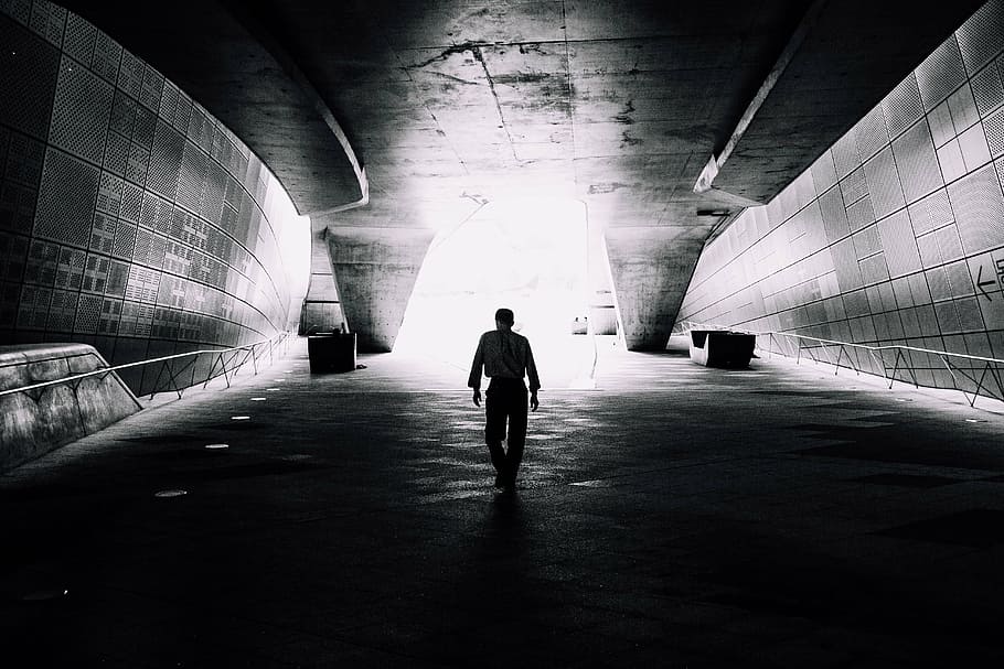 untitled, gray, scale, man, walking, tunnel, black and white, people, alone, light