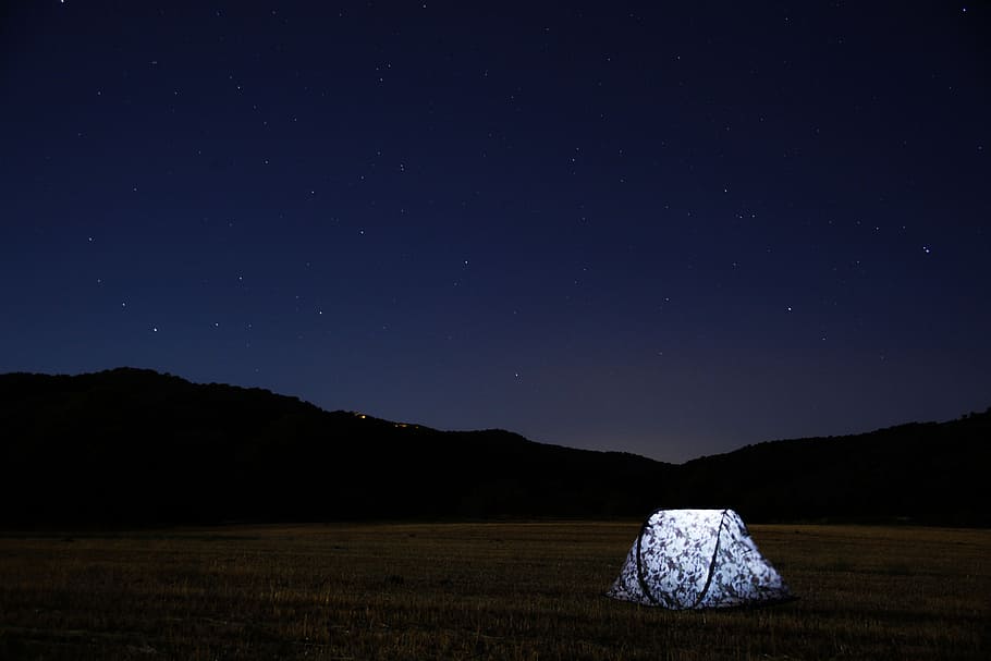 camping tent, mountain, nighttime, white, dome, tent, ground, silhouette, camp, forest