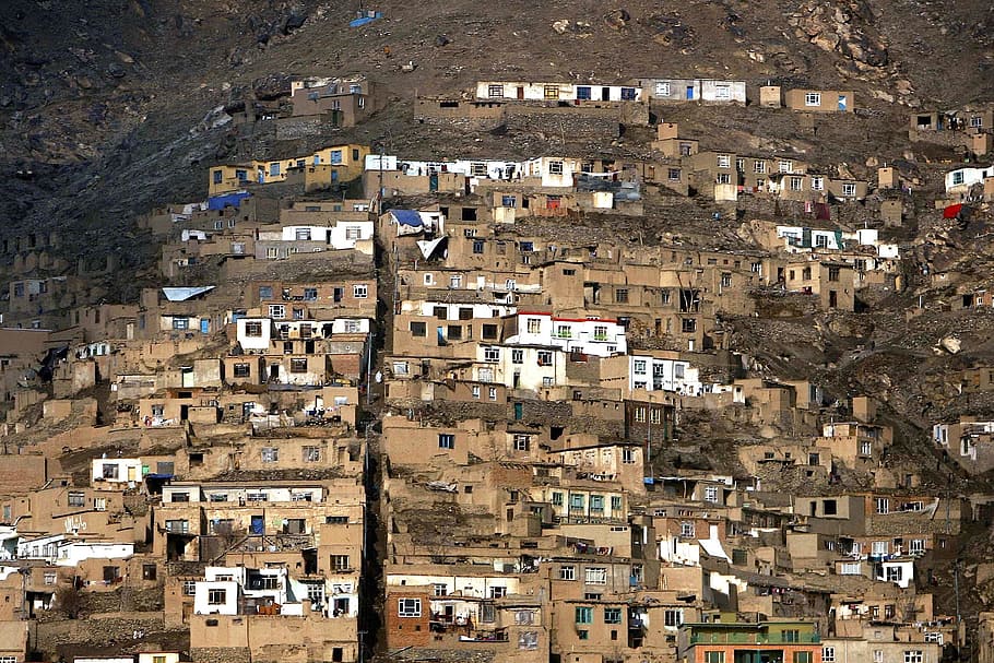 화이트, 갈색, 콘크리트, 집, 옆에, 산, 아프가니스탄, 주택들, 주택, 건물