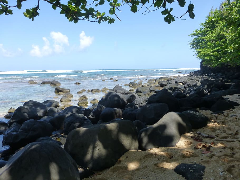 kauai, hawaii, beach, sand, rocks, coast, cliff, pacific, ocean view, st regis