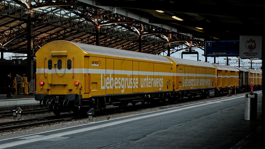 yellow, post, wagon, railway station, lausanne, switzerland, train, rail traffic, railway, city station