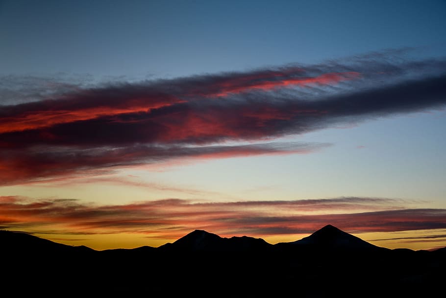 silhouette, mountains, orange, blue, sky, mountain, highland, landscape, dark, clouds