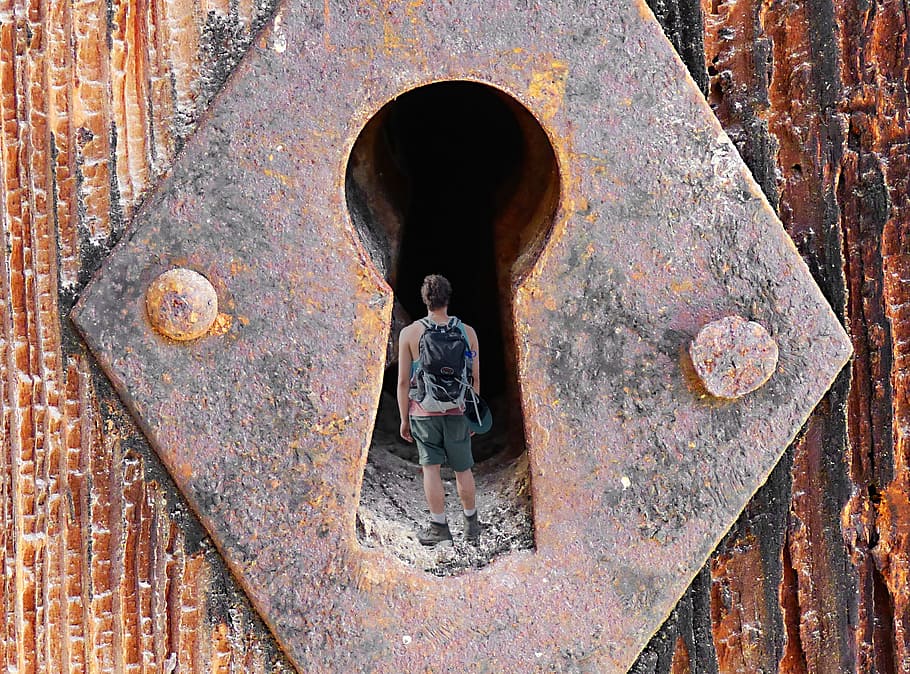 man, standing, inside, keyhole, exploration, adventure, lock, hole, key patch, door
