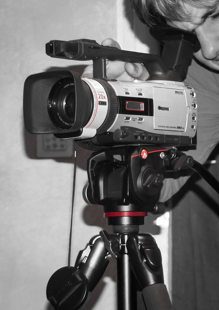 Cámara de video, video, cámara, película, evitar, filmar, canon xm2, minidv, trípode, manfrotto