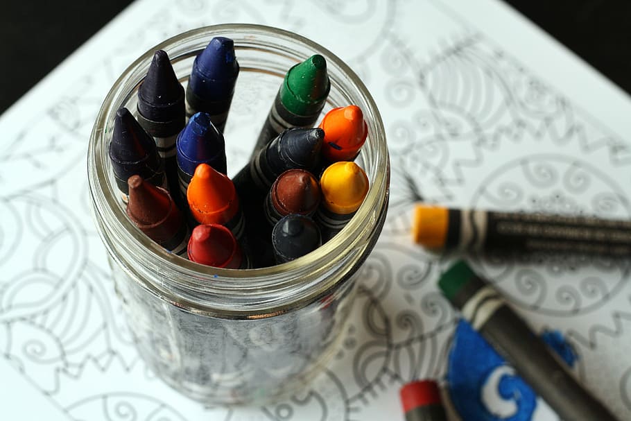 assorted-color crayons, clear, glass jar, crayons, coloring book, coloring, book, color, children, adult coloring book