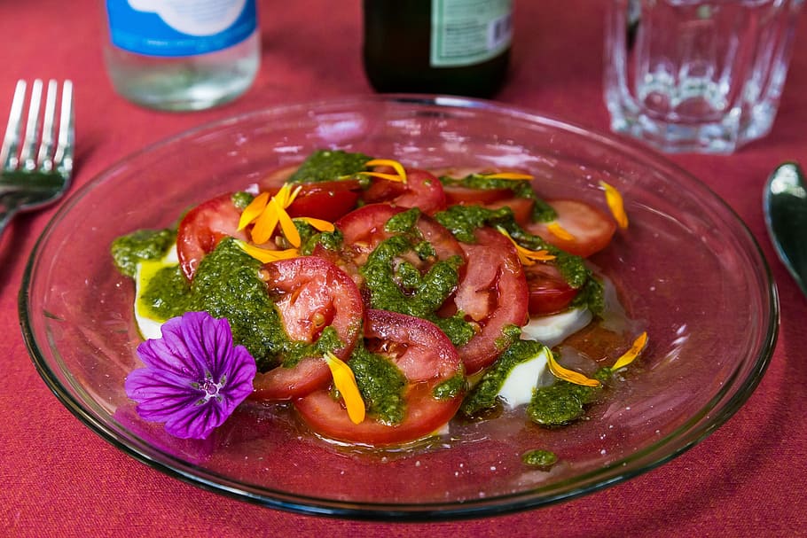 insalata caprese, tomatoes, mozarella, pesto, bio, vegetarian, salad, blossom, bloom, centro d'arte