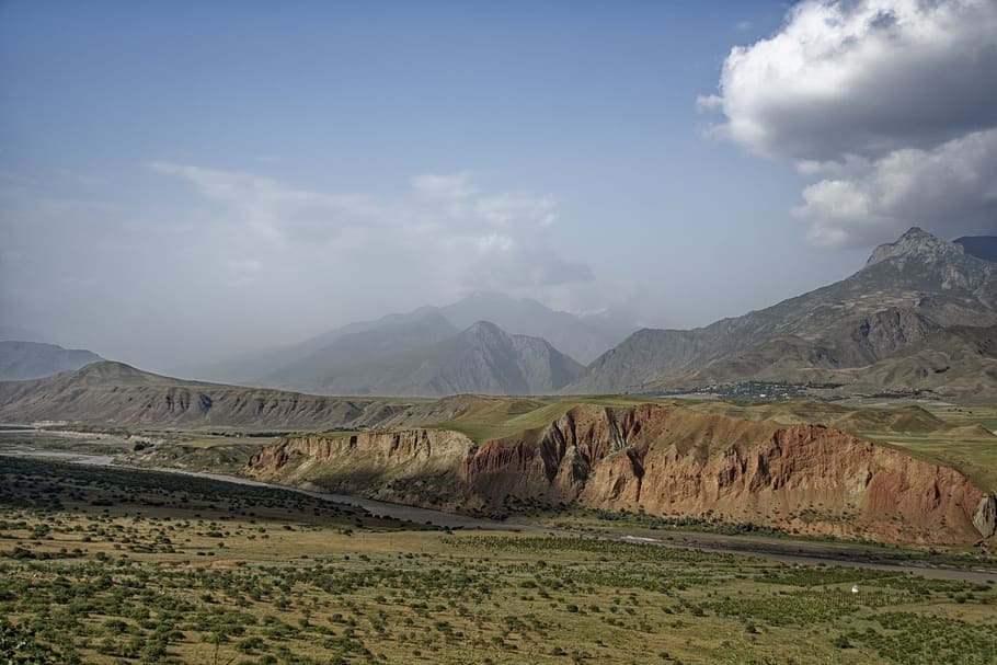 tajikistan, abe-e-panj river valley, valley, river, water, sky, clouds, the pamir highway, landscape, mountains
