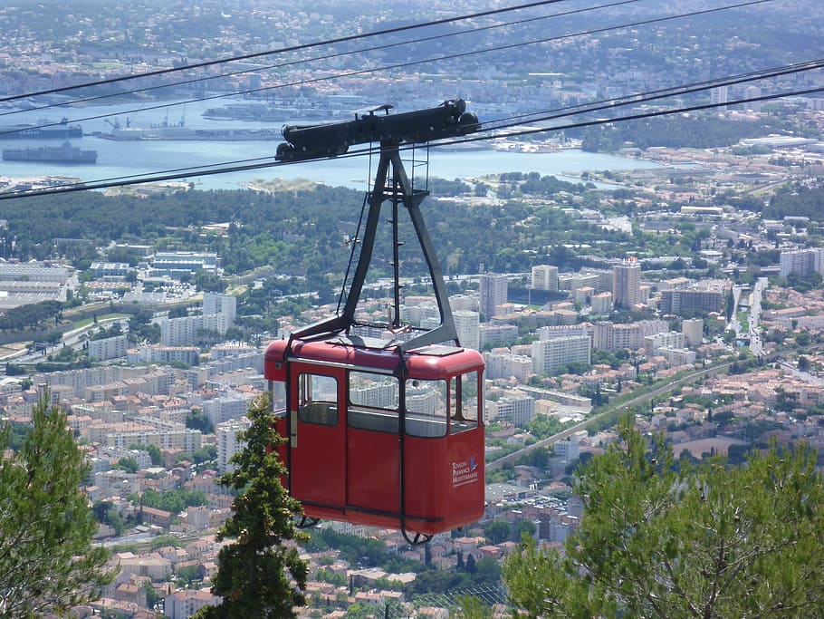 Kereta gantung, Toulon, Kabin, Gondola, merah, pemandangan kota, tidak ada orang, pemandangan sudut tinggi, di luar ruangan, hari