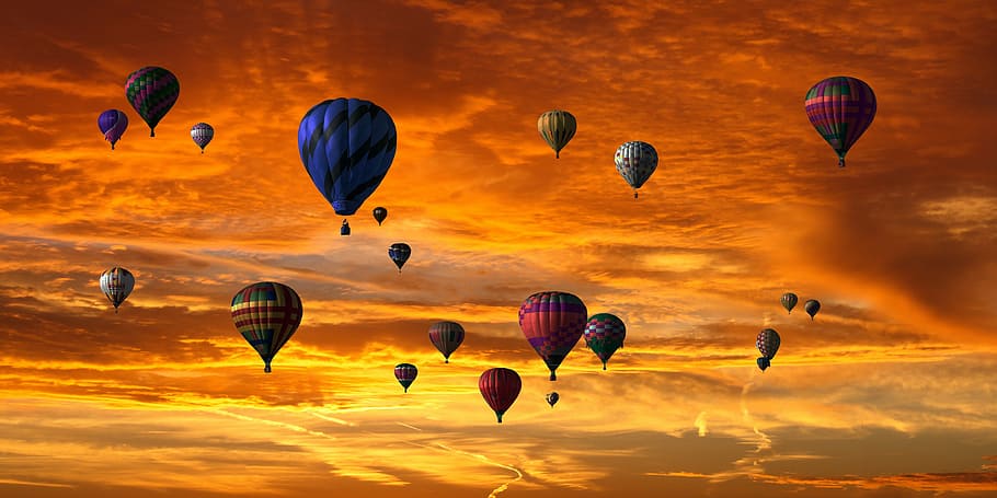 assorted-color, hot, air balloons, sky, emotions, holidays, holiday, fantasy, sun, clouds