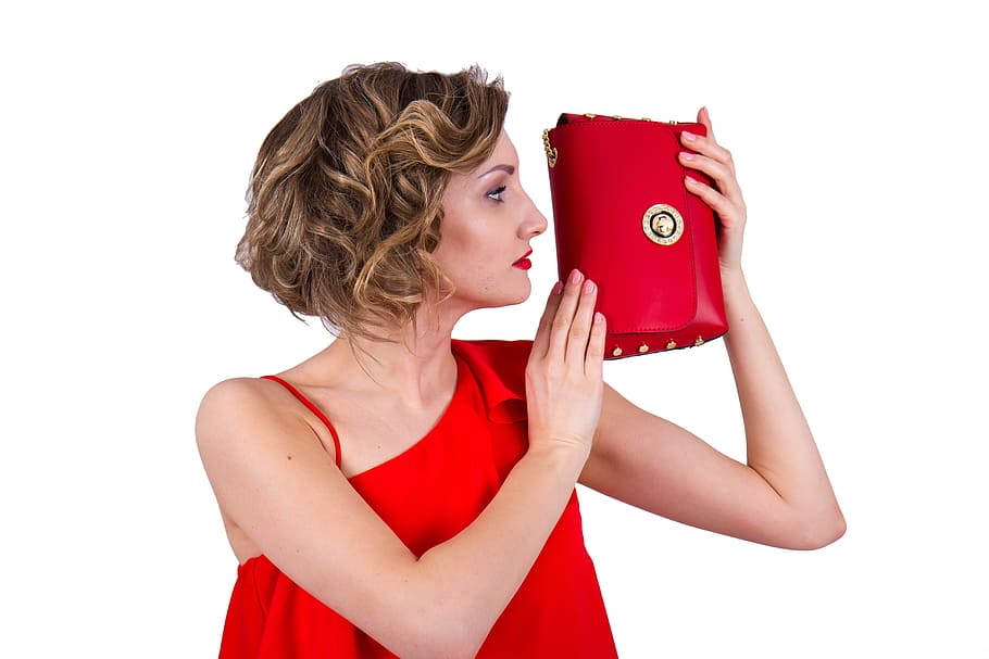 保持, 赤, 革の財布, 女性, ハンドバッグ, 小間物, バッグ, 皮膚, 革, アドオン