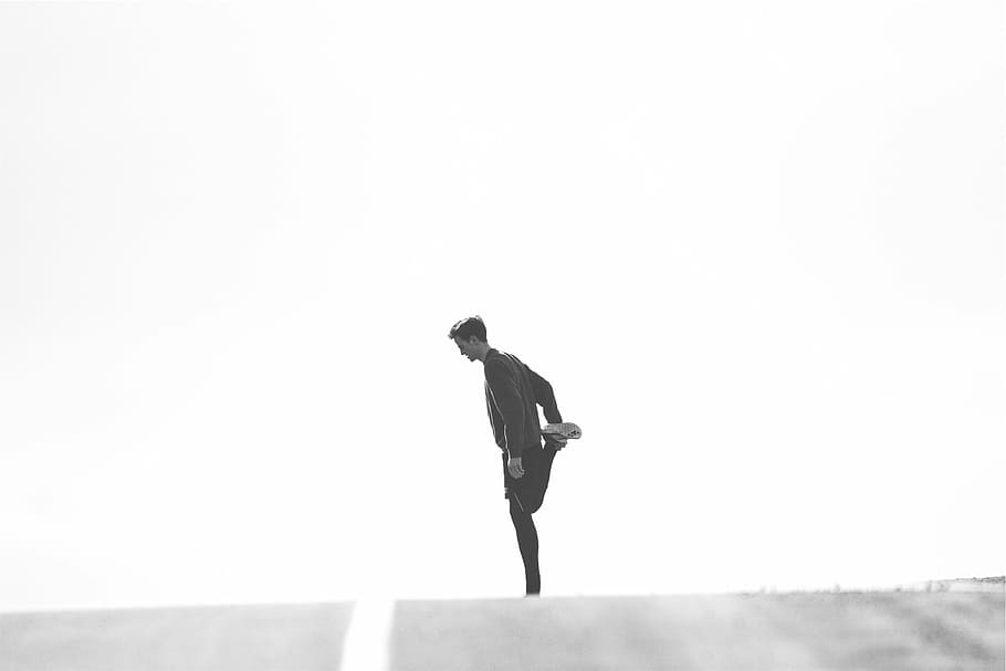 man, stretching, foot, middle, road, standing, clear, sky, daytime, runner
