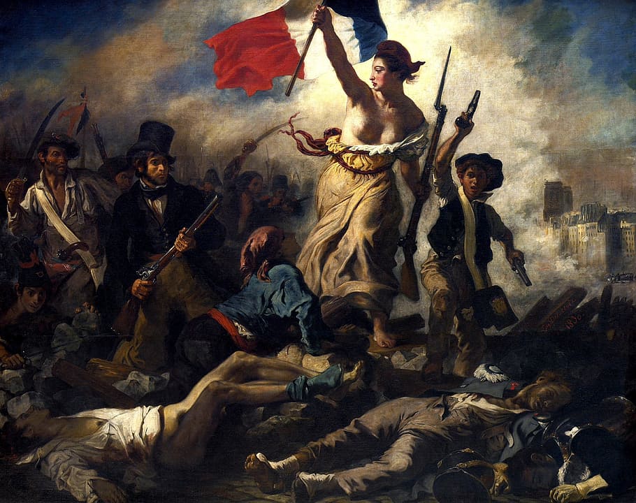 painting, woman, holding, flag, surrounded, soldiers, france, french revolution, civil war, dom