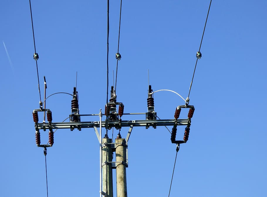 pylon, electricity, high voltage, powerlines, blue sky, wires, cables, mast, flow, sky