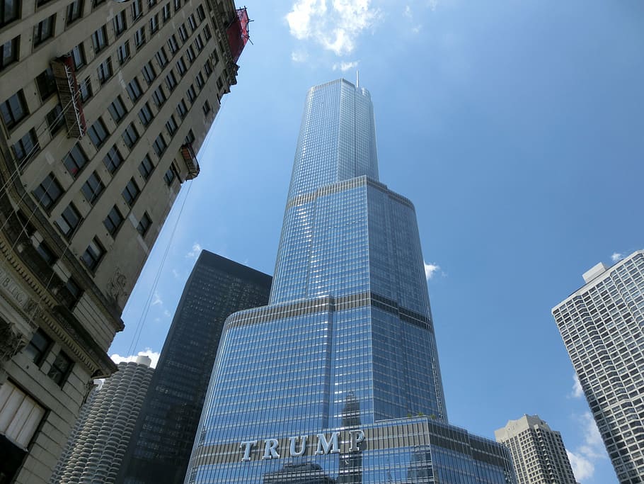 trump tower building, blue, sky, chicago, trump, usa, united states, america, places of interest, skyscraper