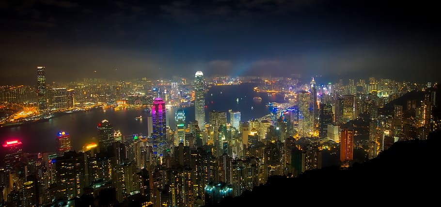 Hong Kong, Victoria Peak, aerial, photography, city, high, rise, building, nighttime, building exterior