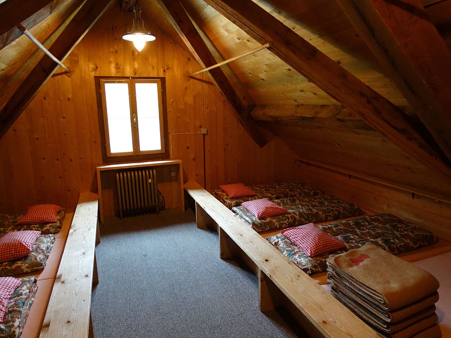 brown wooden house, mattress camp, mountain hut, mass storage, stay, stock, hut, lodge night, dormitory, beds