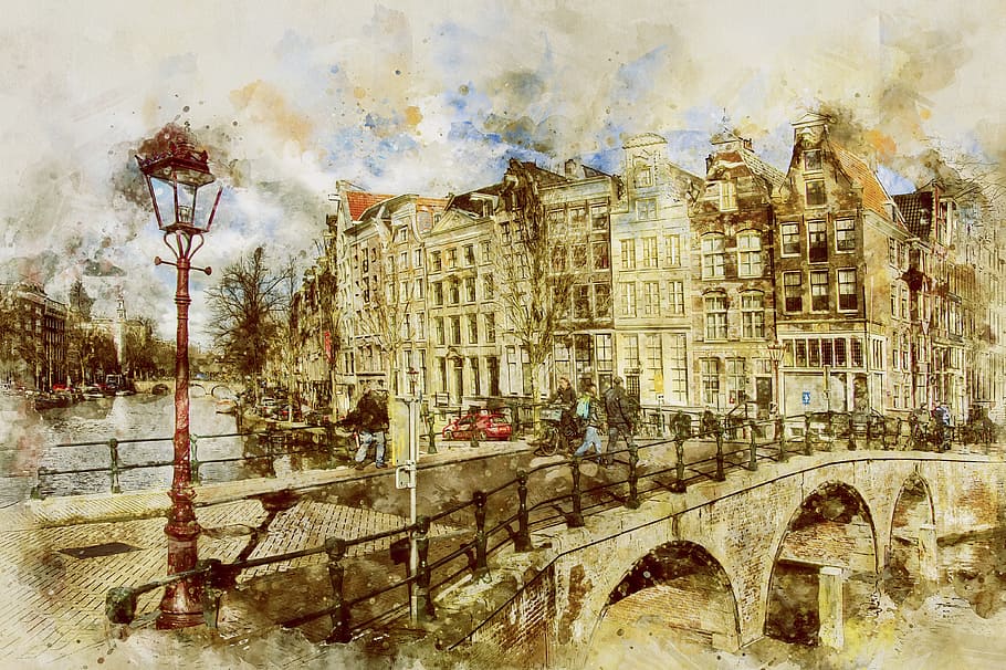 다리, 건물, 포스트 램프 그림, 암스테르담, keizersgracht, 네덜란드, 도시, 시티, 센터, 역사적인 중심지
