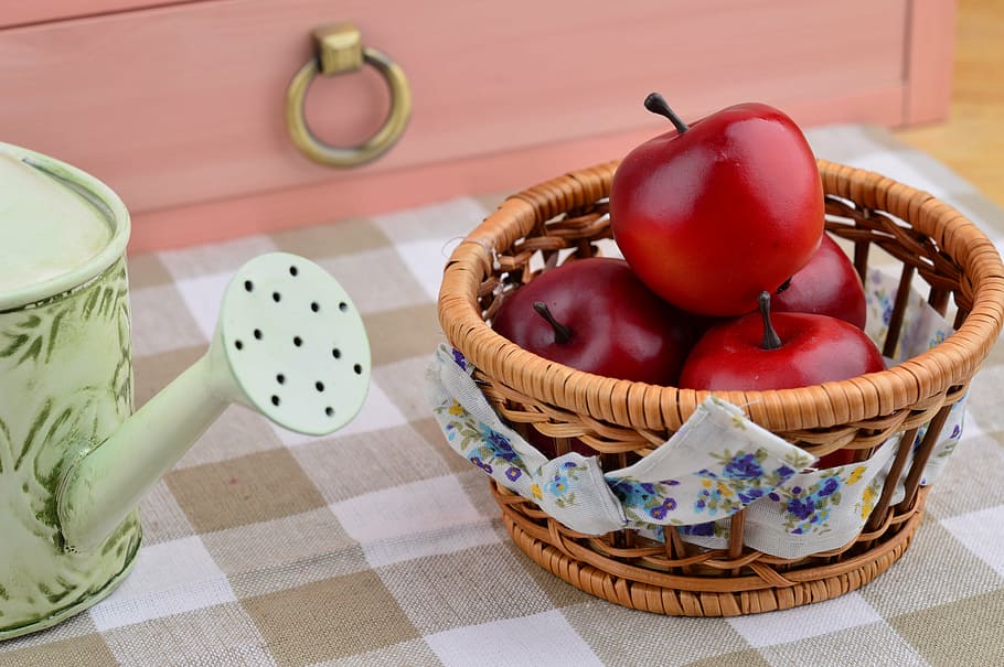 red, apple, watering, still life, red fruits, make sprinklers, basket, dining table, food and drink, food
