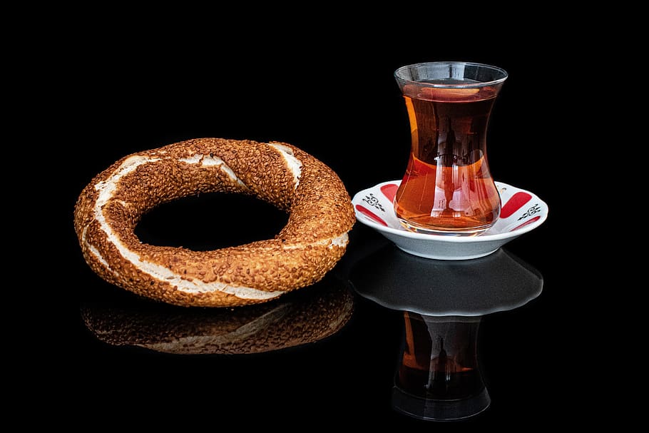 bagel, pretzels, bakery, food, simit, tea, turkish tea, delicious, food and drink, black background