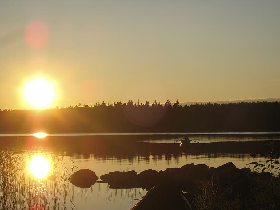 Lago, playa, Västerbotten, pantano de productos básicos, puesta de sol, solar, ro, barco, espejo, todavía