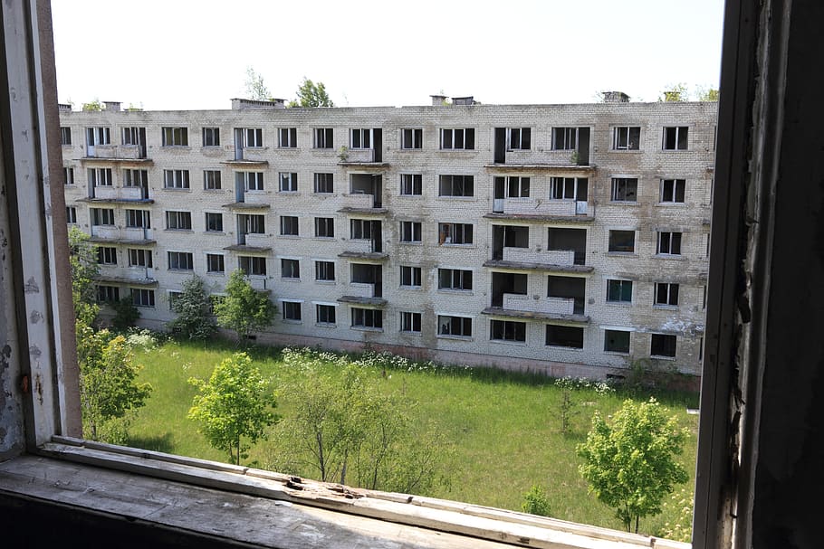 letónia, irbene, residencial, flats, habitação russa, abandonado, apartamentos, janela, arquitetura, estrutura construída