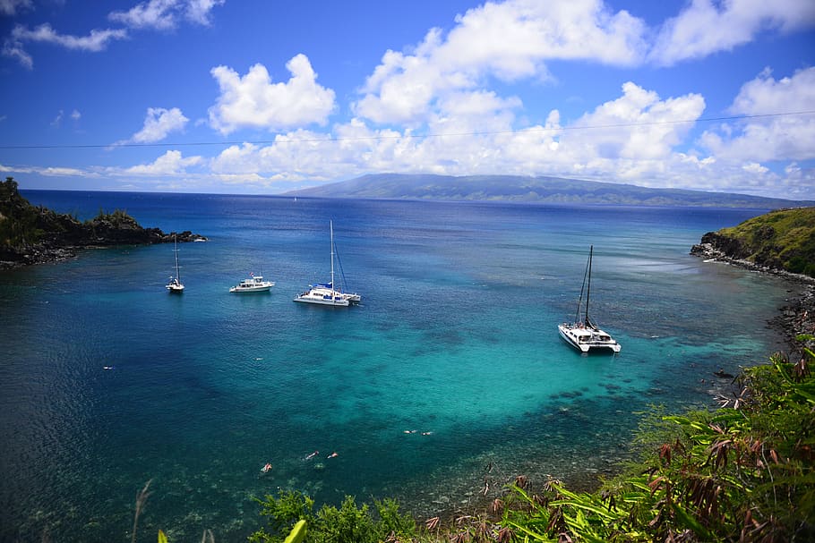 hawaii, maui, snorkel, tropical, boats, bay, clouds, nature, travel, vacation